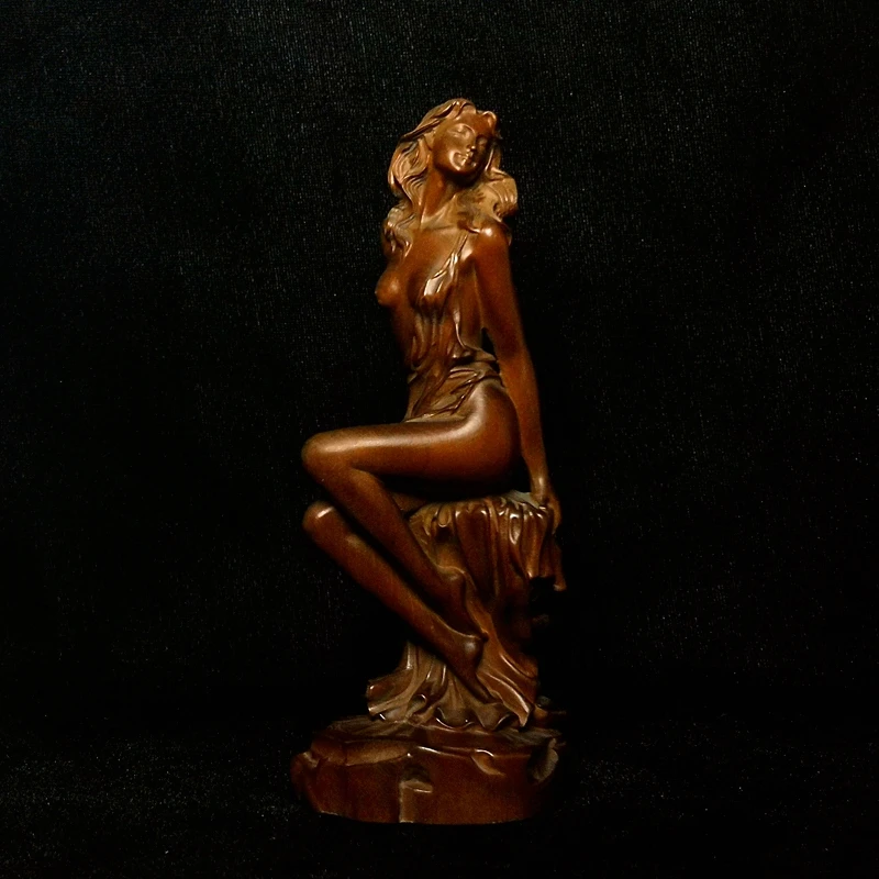 YIZHU CULTUER ART chinese boxwood Hand carved sexy girl figure statue table deco decoration gift collectable H 6.2 inch