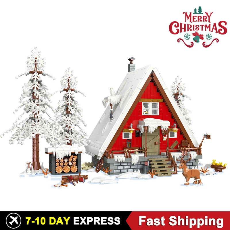 NEW 2025 Christmas Street view House Santa Cabin Model Building Blocks Bricks Snow Winter Forest Modular Architecture Toys Gifts