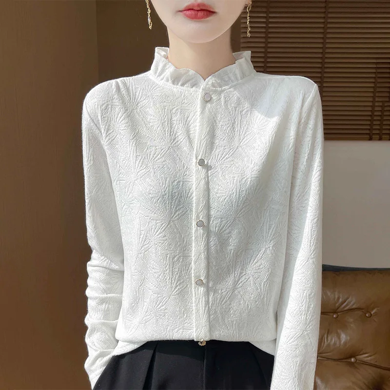 

Женский трикотаж с кружевным воротником Long Sve f High Ne, пуловер, осень-зима, новинка, основа с цветочной вышивкой irt