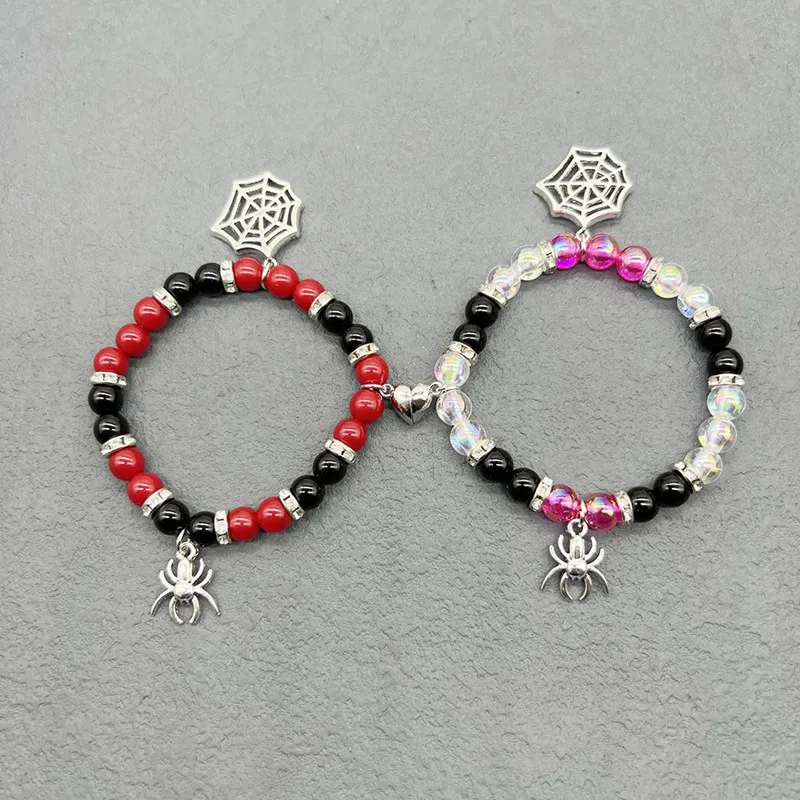 2Pcs/set Spider Halloween Couple Bracelet Heart Energy Acrylic Beaded Bracelet Charm Bangle Friendship Bracelets for Women Girl