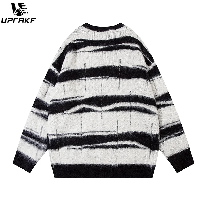 UPRAKF Striped Sweater Lapel Knit Autumn Loose All-Match Round Neck Winter Tops Trendy Pullovers