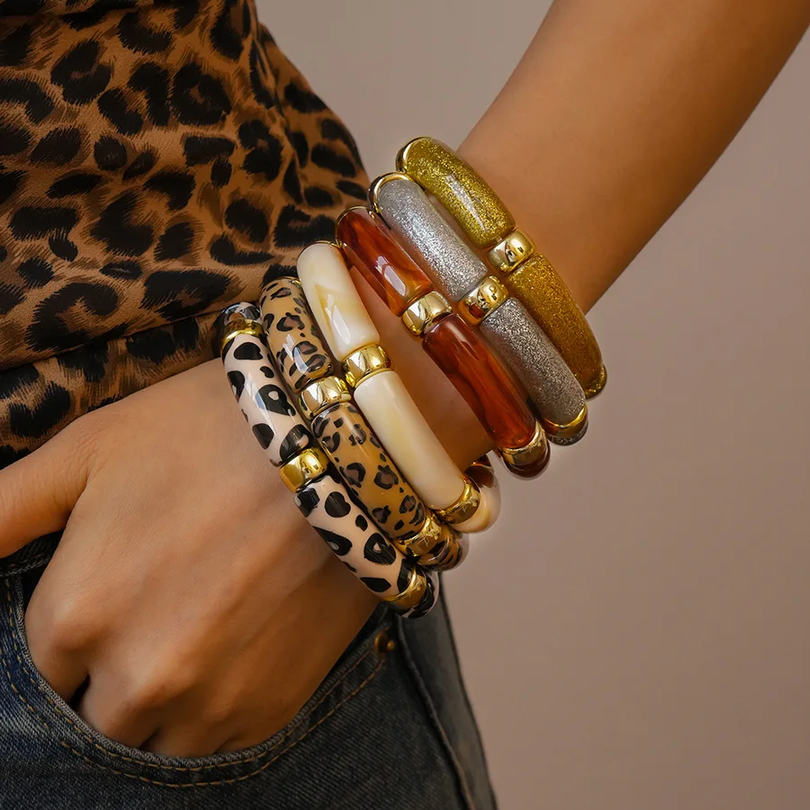 Multi-style Leopard Print Bamboo Tube Acrylic Stretchy Bracelets for Women Men Retro Resin Beaded Bangles Stack Jewelry Gift K1