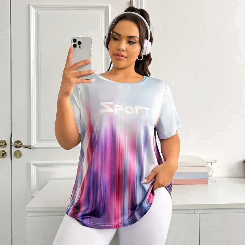 

Summer Women's Plus Size Gradient Letter Printing Multi-color Short-sleeved Sports T-shirt Breathable Slim Fit Top