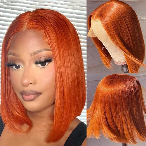 Imagen 2 del producto Peluca de cabello humano liso de color naranja, pelucas de Bob de jengibre Frontal de encaje 13x4 prearrancadas para mujeres, cabello brasileño de 200% de densidad