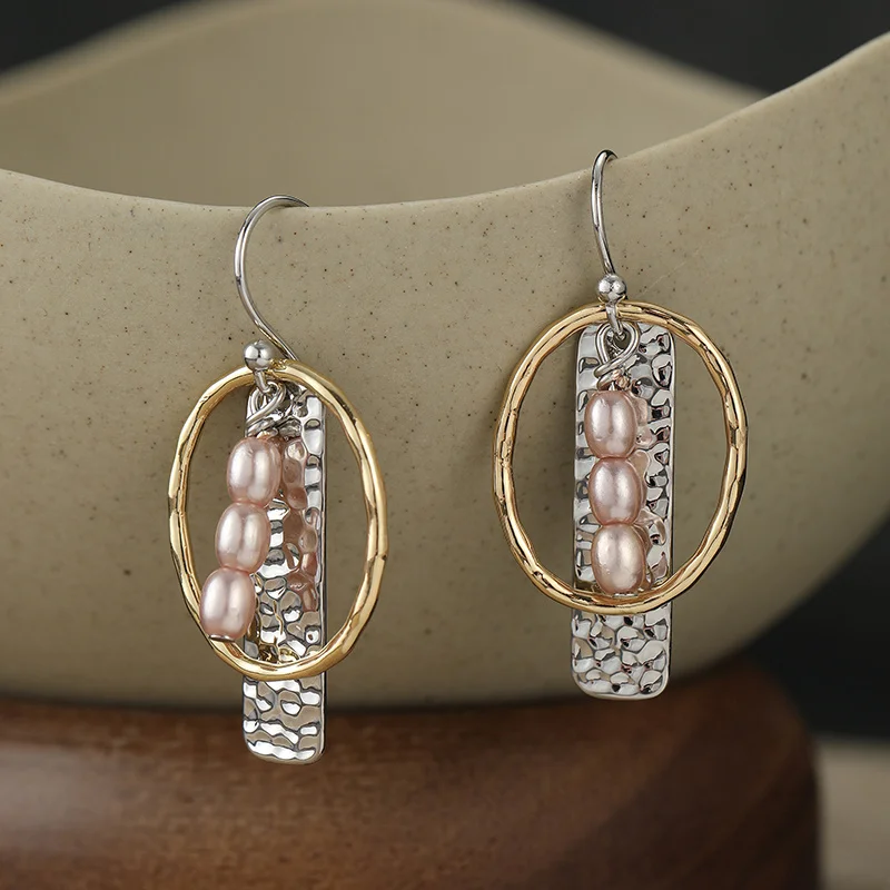 Fashion Two Color Pendant Earrings For Women Hammer Patterned Square Inlay Imitation Pearl Hanging Earrings Versatile Accessory