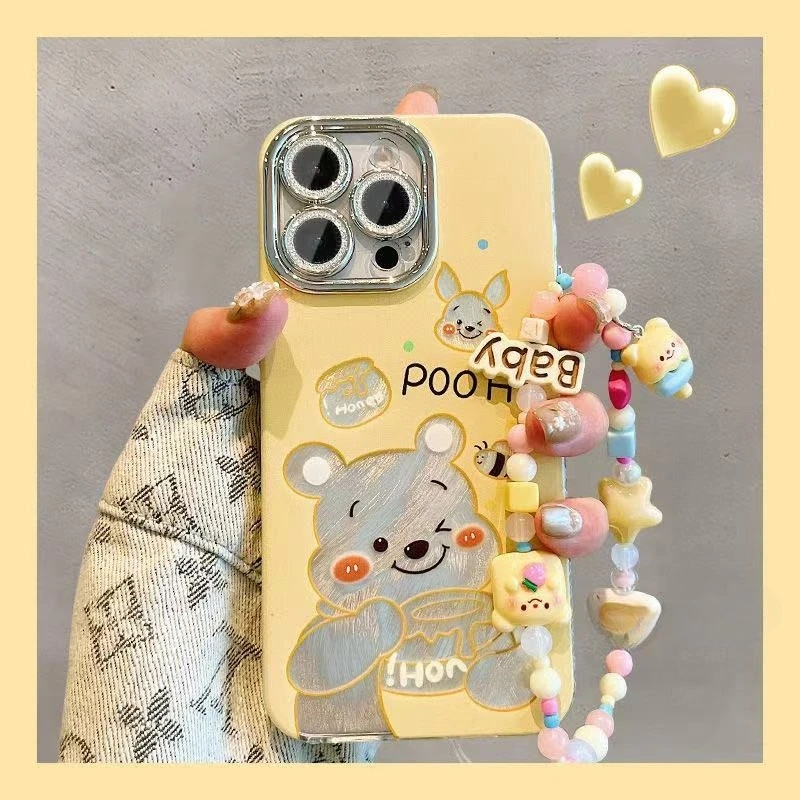 くまのプーさんのかわいいスマホケース iPhone16pro/16ProMax/15/15Pro用 レンズフィルム付き 高級感