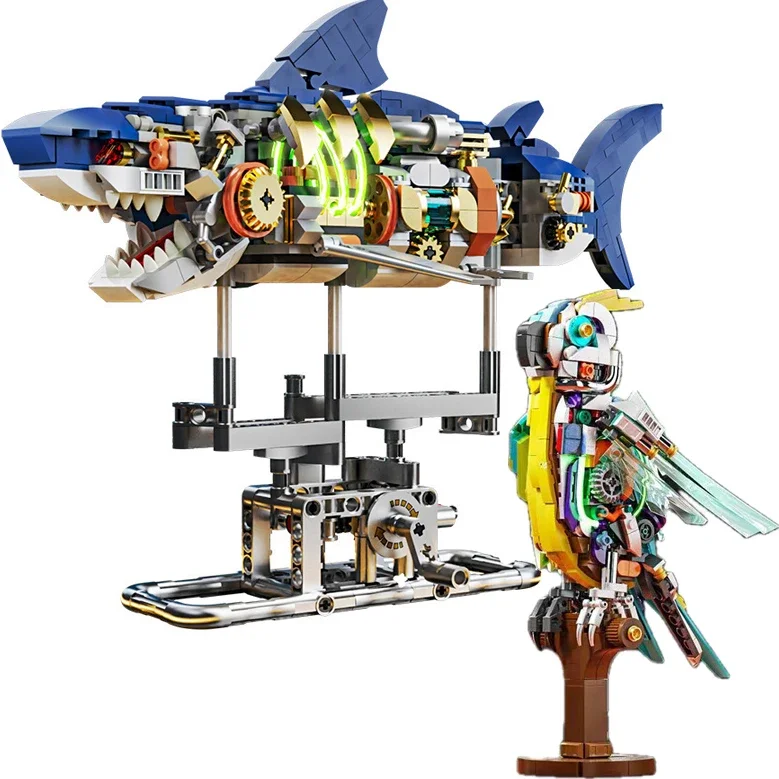 Ensemble de blocs de construction de perroquet de la vie marine requin mécanique technique, présentoir, cadeau d'anniversaire créatif pour enfants, décoration d'intérieur pour adultes