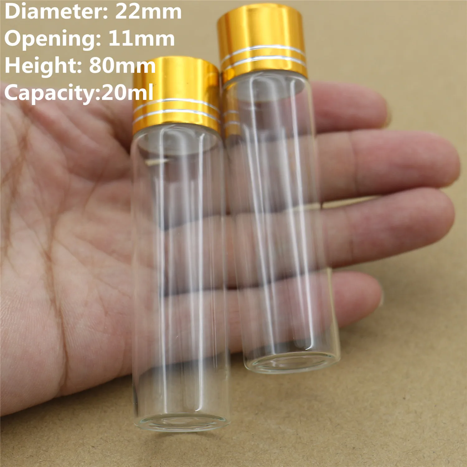 

50pcs/lot 22*80mm 20ml Glass Bottles Golden Plastic Cap storage Test TubeSmall Glass Jars Mini Container DECORATIVE Vials