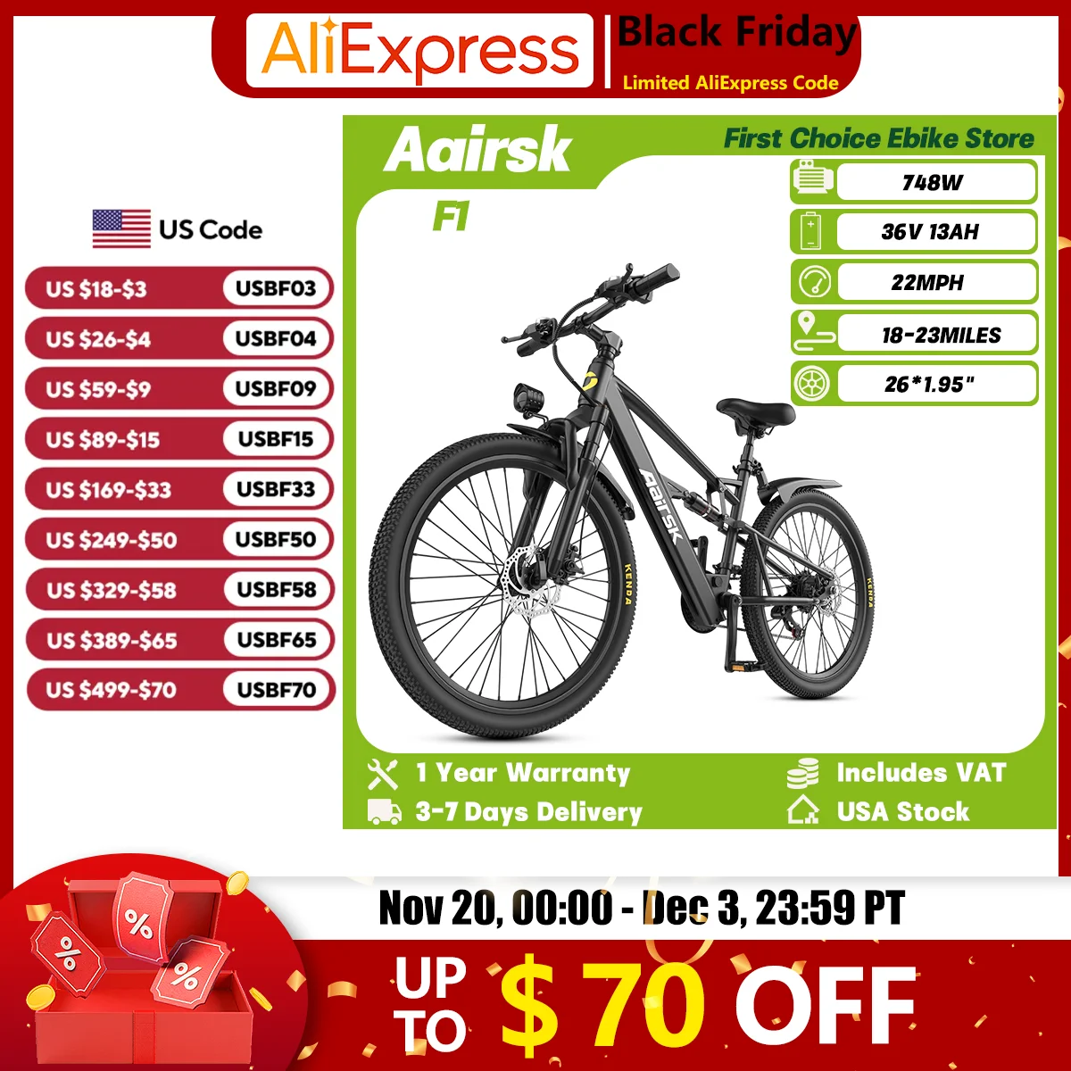 

Aairsk F1 Adult Urban Ebike 748W 36V 13Ah All-Terrain Electric Bicycle 26*1.95 Inch Tire Dual Suspension Journey Electric Bike