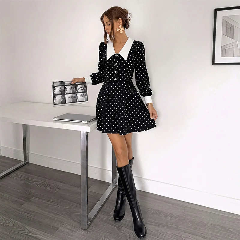 Casual Loose Printed Long Dress Women's Fashion High Waist A-Line Skirt Summer 2026 Long Sleeve Dot Pattern Casual Dress