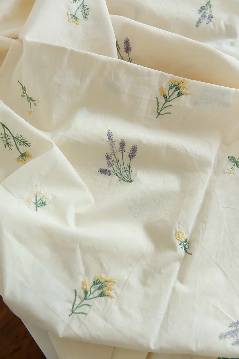 Beige Pastoral Lavender Embroidery Pure Cotton Fabric DIY Handmade Clothes Dress By the meter