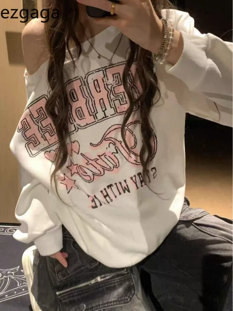 

Kimutomo женские толстовки винтажные сексуальные буквы с диагональным воротником с открытыми плечами и длинными рукавами в стиле гранж женские толстовки топы