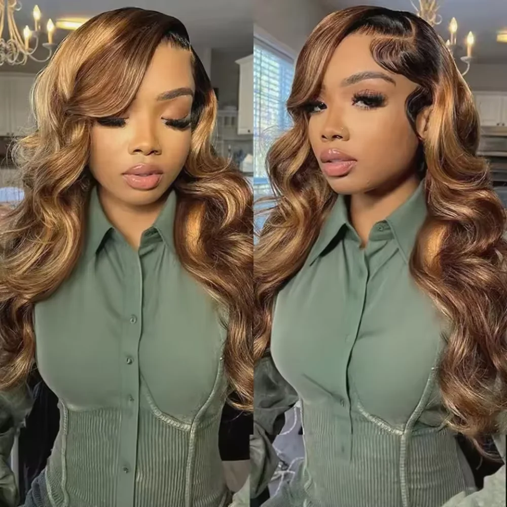 High Inch P4/27 Highlight Ombre Brown 13x6 HD Lace Frontal Wig Honey Blonde Colored 13x4 HD Lace Front Human Hair Wigs For Women Body Wave Pre Plucked 4/27 Ombre Blonde Lace Front 200 Density
