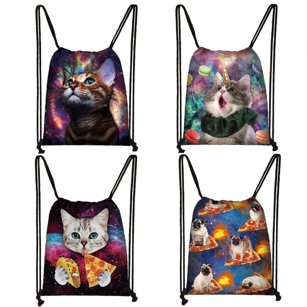 Space Cat & Dog Print Drawstring Backpack, Funny Galaxy Animal Sack Lightweight Sports Gym Bag for School Travel