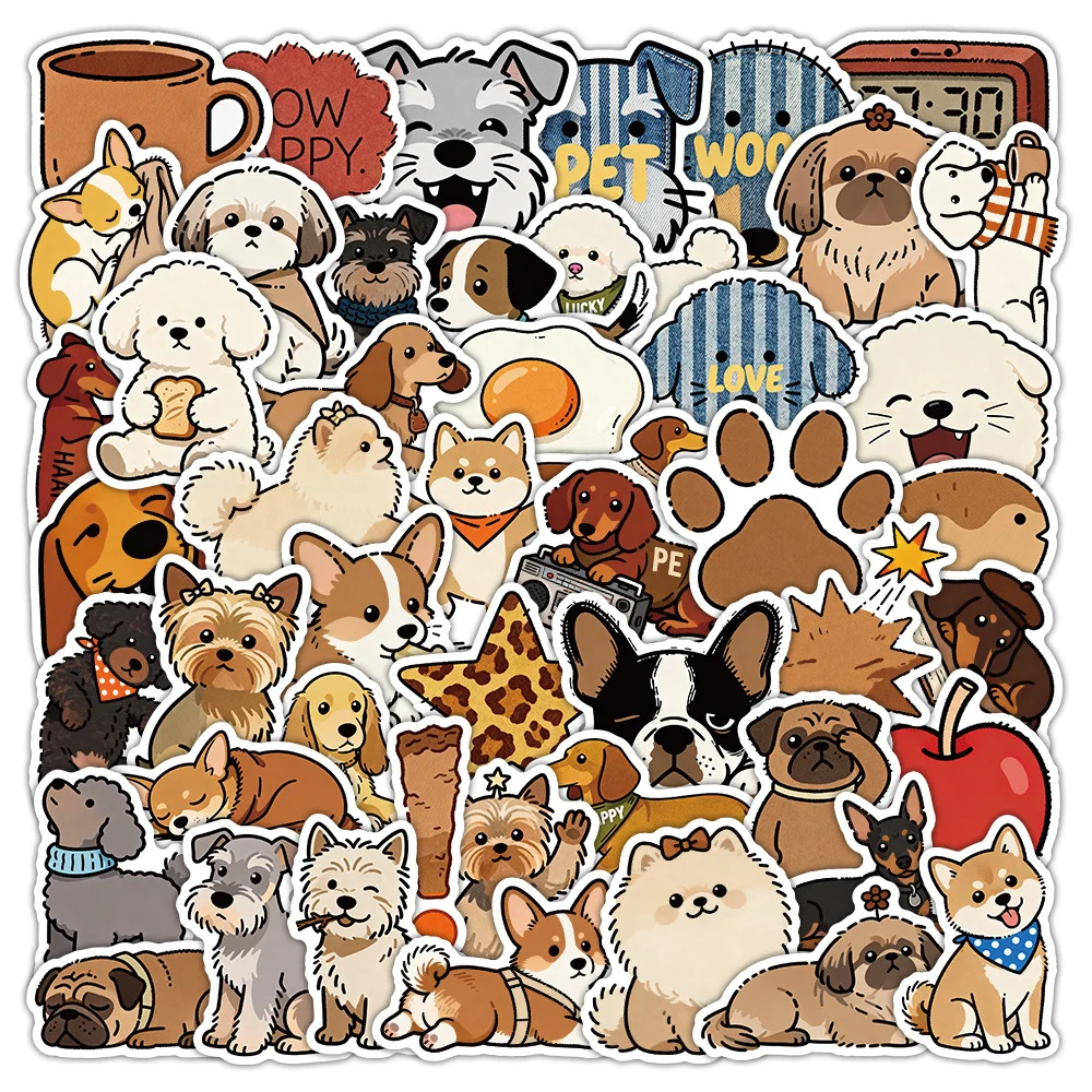 50 Pcs Maillard Color Dog Stickers Cartoon Graffiti Dog Creative Waterproof Vinyl Reward Decals for Water Cup Laptop Gift