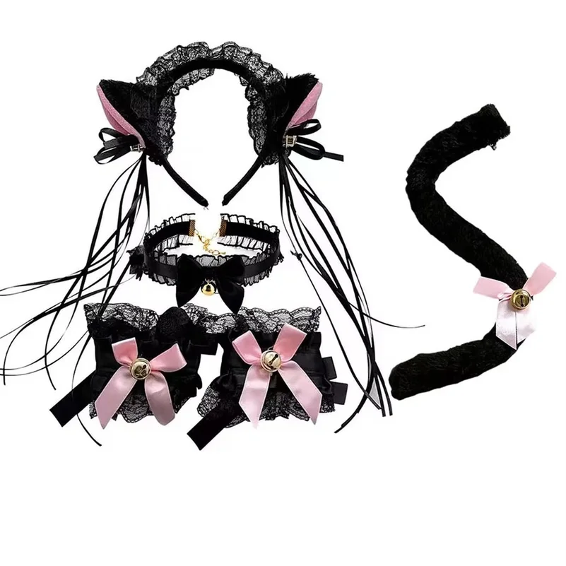 Sexy Lace Collar Bracelet Tail 4pcs Set Cute Girl Cat Ear Headband Role Play Accessories Tassel Headdress Dress Up Set