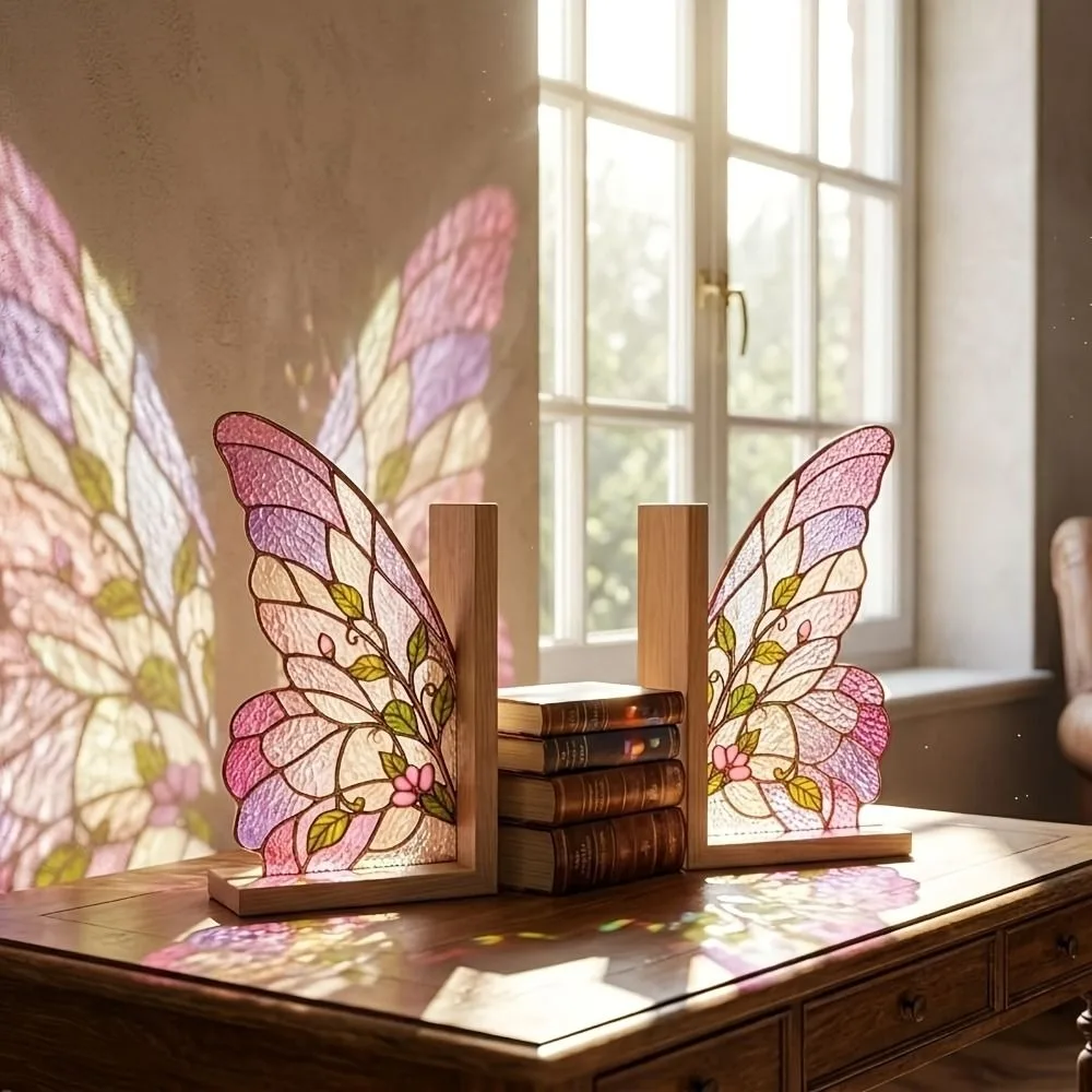 Colorful Butterfly Wings Bookend Set Decorative Acrylic Book Support with Bases Desktop Organizer Book Stand For Bookshelf