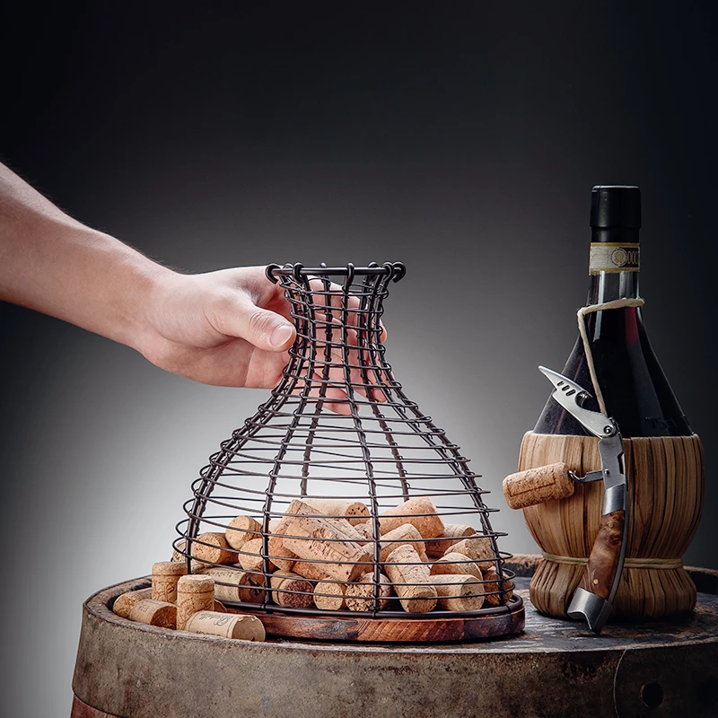 

Iron Wine Cork Storage Basket, Pine Wood Base, Stable Cork Collection, Creative Wine Bottle Stopper Organizer for Kitchen or Bar