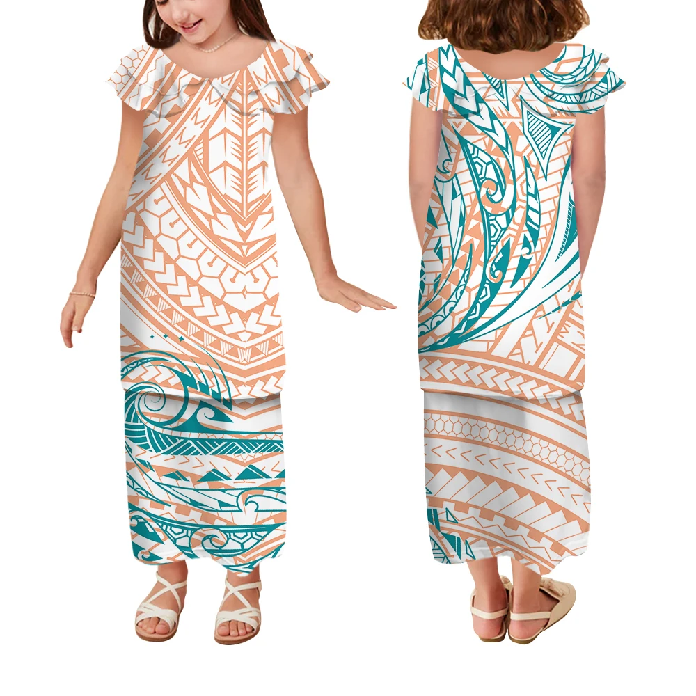 

Comfortable Soft Girls Dress Polynesian Ethnic Print Custom Puletasi Double-Layer Suit Long Skirt Loose Round Neck