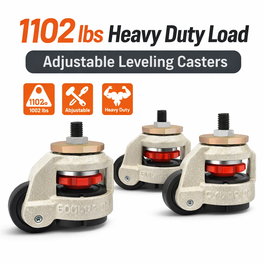 4 Ruote Livellanti Regolabili in Nylon e Acciaio, Capacità di Carico 500 kg, per Mobili, Attrezzature, Carrelli e Macchinari