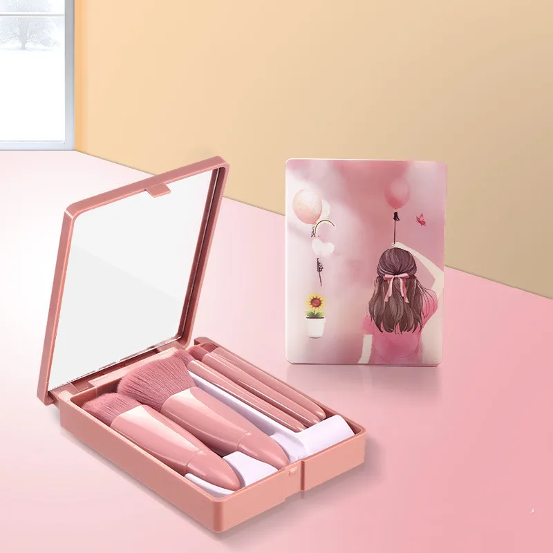 Pocket mirror folding makeup mirror with makeup brush set led touch portable one-face storage box makeup mirro Christmas Gift