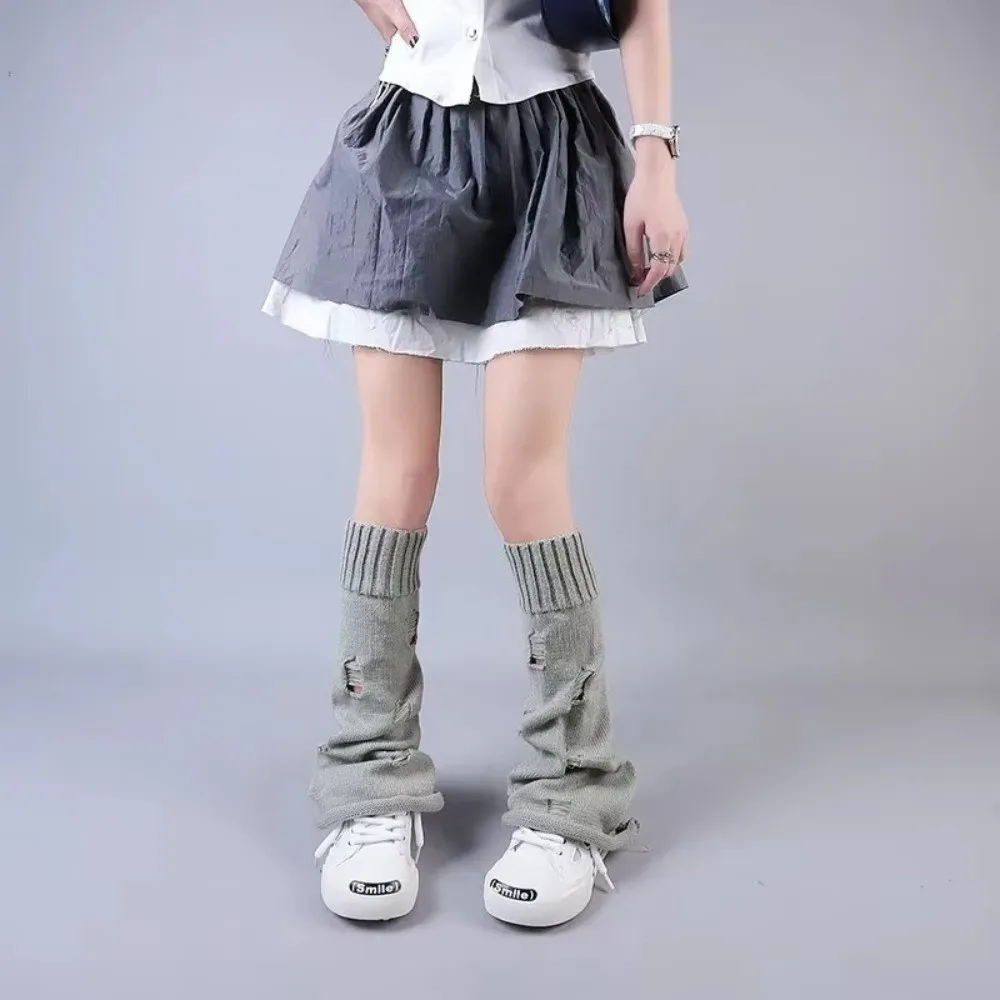 Distressed Knit Knit Leg Warmers Flared Design Ripped Detail Ripped Leg Warmers Long Length Stretch Knit Fabric Stacked Socks