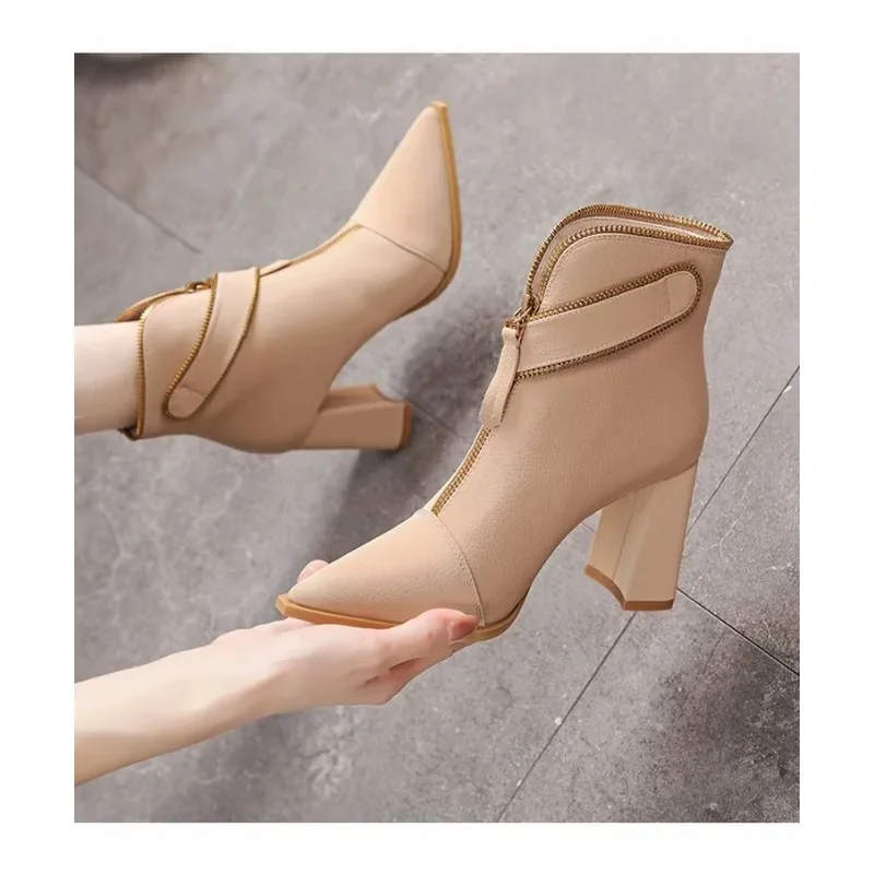 

Pointed Toe Booties Women 2025 Fall Winter New Trendy Fashion Block Heel High Heel Boots Front Zipper Skinny Boots