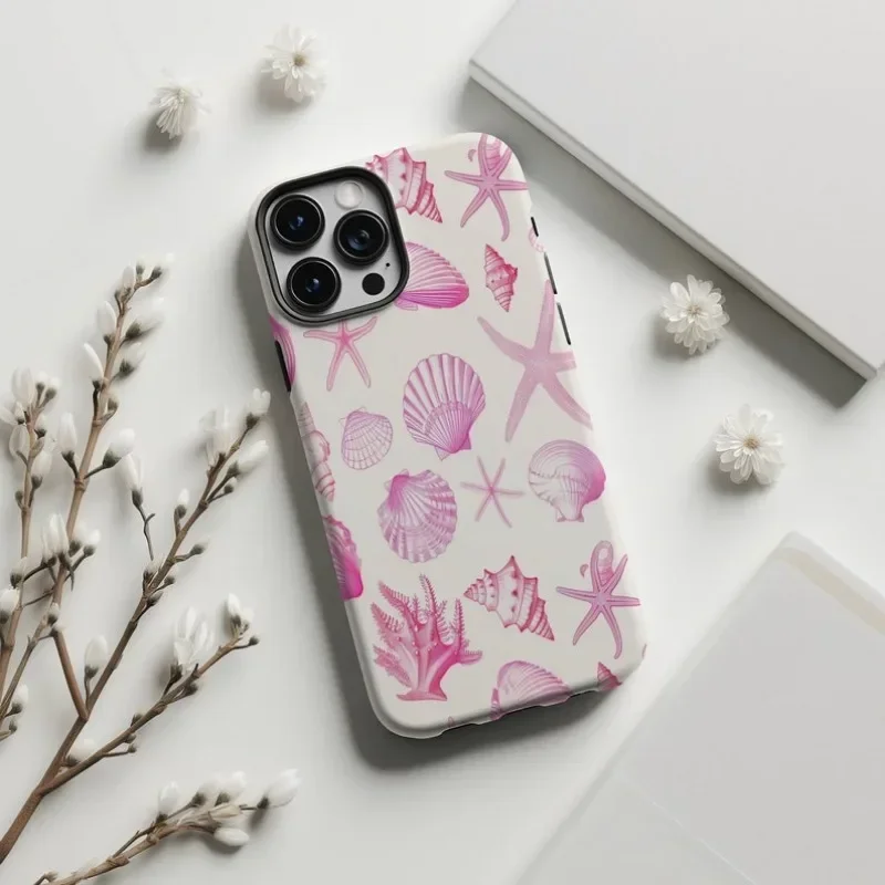 Pink Seashell Pattern Phone Case For IPHONE 16ProMax 15 14 13 12 11 PRO Plus Acrylic TPU Two in one Mobile Phone Cases