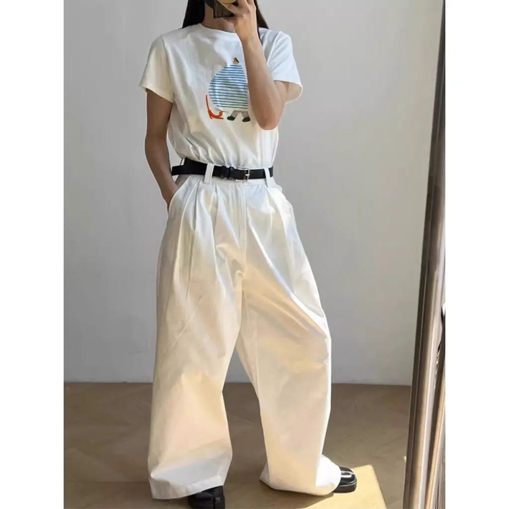 

Blue Cartoon Print T-Shirt for Women Summer Casual round Neck Short Sleeve Chubby Mm Regular Shoulder Unique Design Top