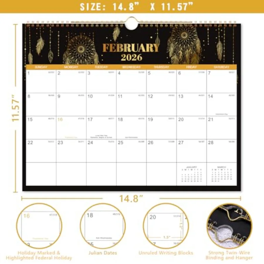 2026 Calendar 2026 Wall Calendar Jan 2026 Dec 2026 15" x 11.5" Wall Calendar 2026 12 Monthly Calendar with Twinwire Binding + T