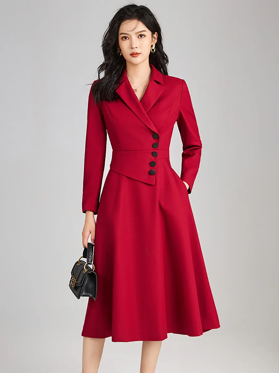 ZJYT Designer Elegant Office Lady Midi Blazer Dresses for Women Business Chic Spring Long Sleeve Dress Red Party Aline Vestidos