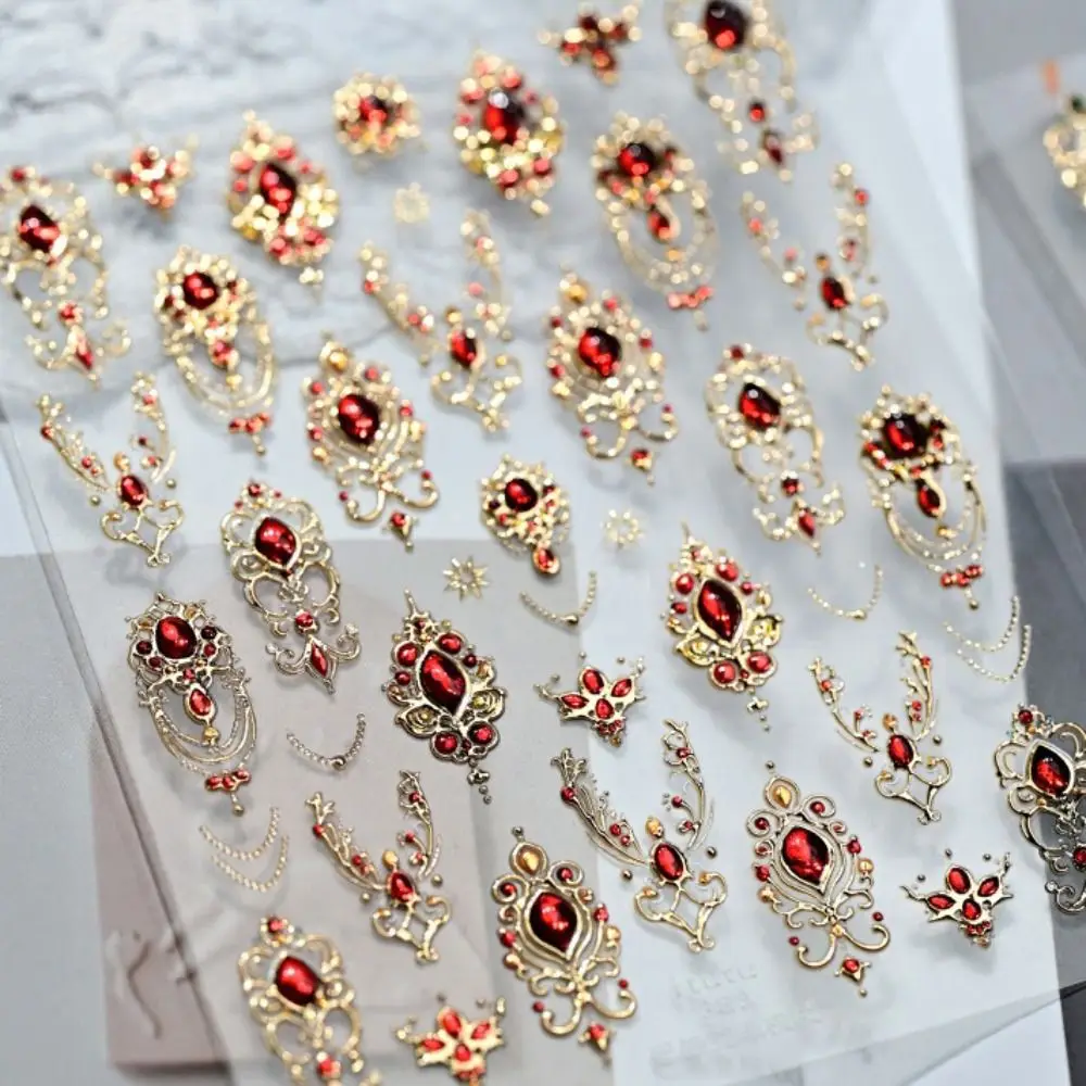 Luxurious Design 5D Nail Stickers Shiny Finish Emerald Ruby Color Imitation Gemstone Nail Gold Scepter Red Green Gemstone