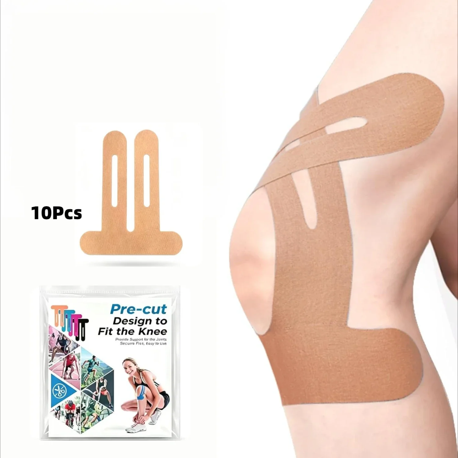 Precut Kinesiology Tape for Knees, 10 Pcs, Beige，Knee Support & Stability, Knee Pain Relief, Waterproof, Elastic, Breathable