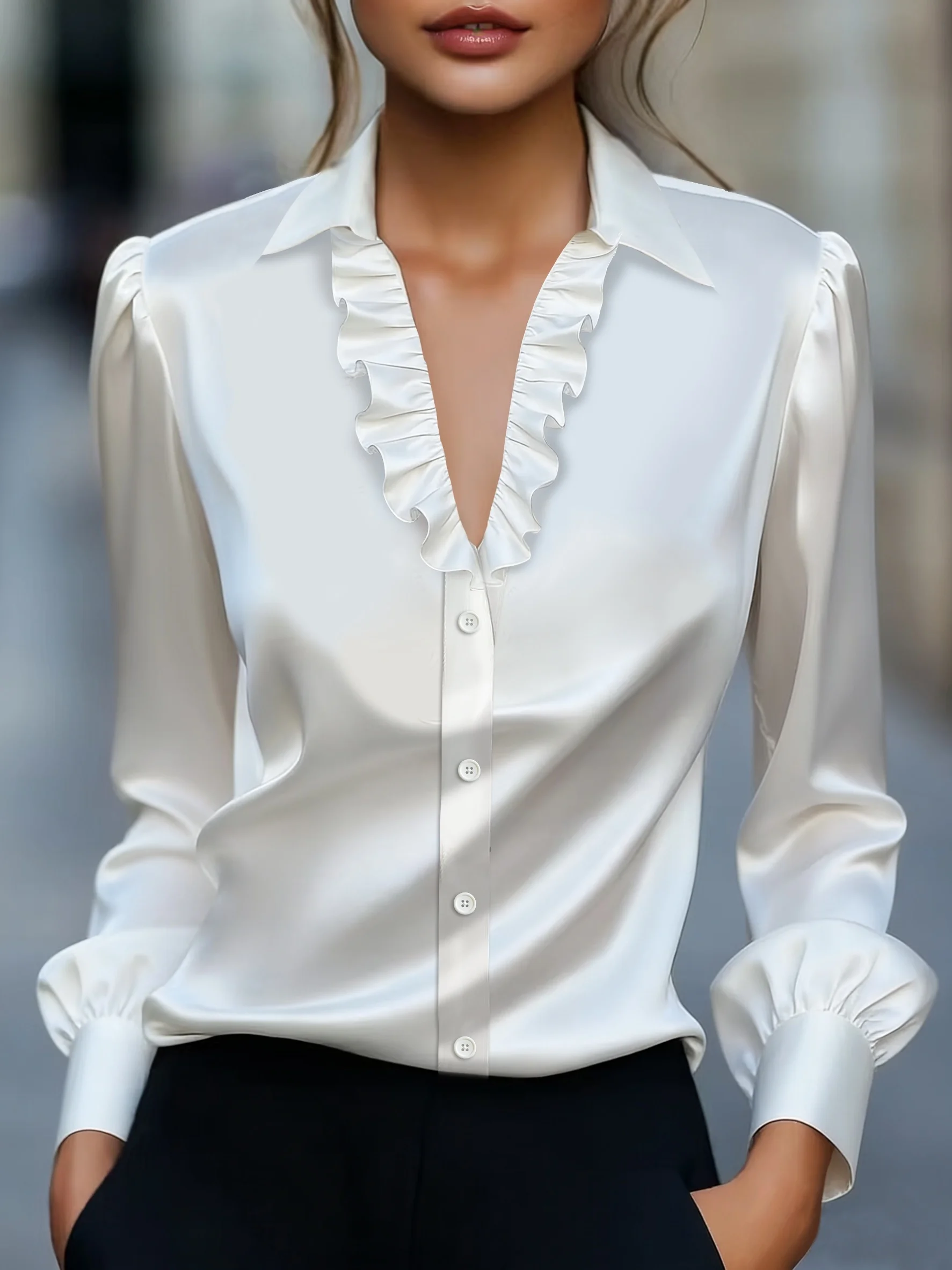 

New Spring/Summer Stylish & Sophisticated Solid-Color Satin Blouse Elegant Professional Office Wear and Date-Night Shirt for Wo