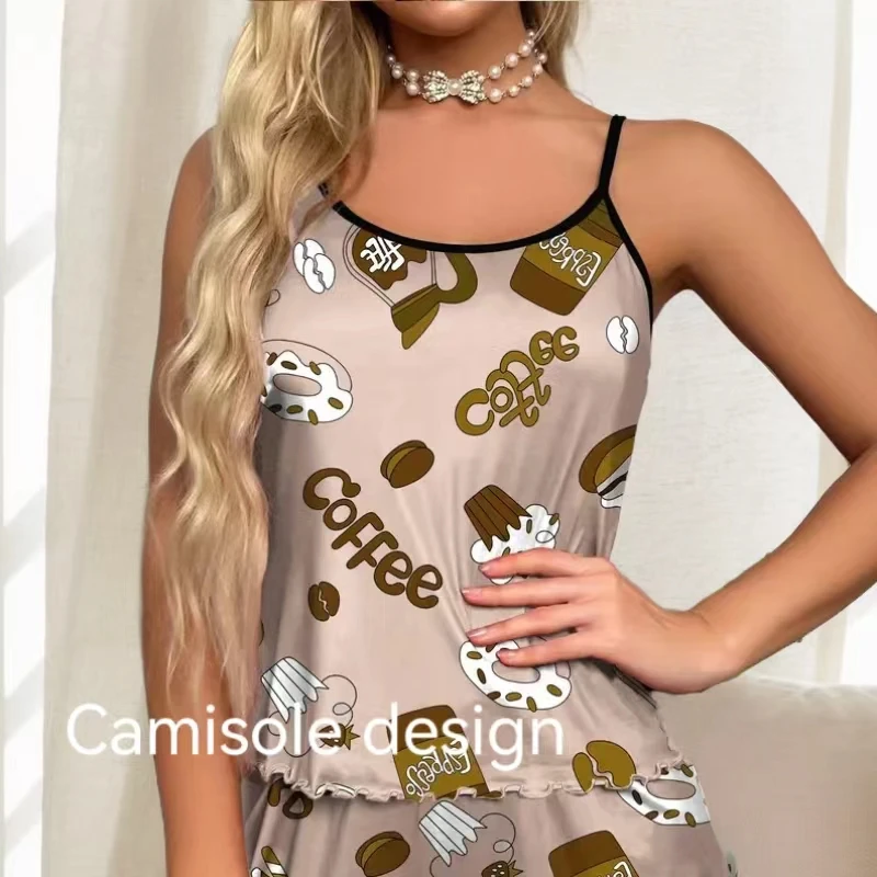 Mulheres Pijamas Pijamas Conjunto Pijama Camisole E Shorts S M L Khaki Cartoon Impressão Verão Casual Soft Comfortabl