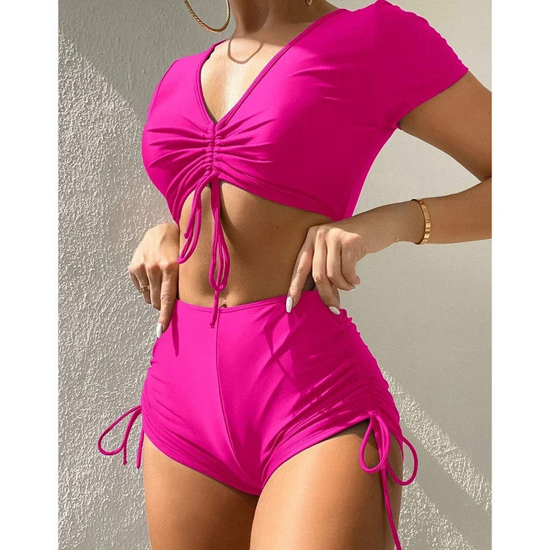 Swimwear Women Bikinis Two Pieces Set Casual Solid Short Sleeve Drawstring High Waist Bikini Sexy Swimsuit Vacation Beachwear