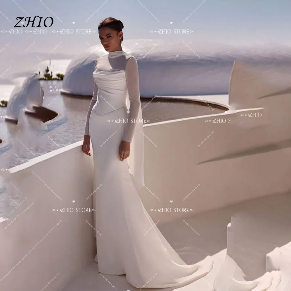 

ZHIO Customized Mermaid Full Sleeve Pleat Wedding Dresses 2026 Button Back Satin Bride Gown Ivory vestidos de novias