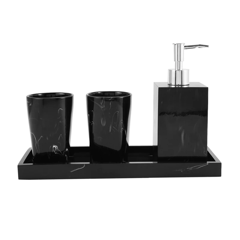 

AAAC-Marble Texture Bathroom Supplies Black 4Pcs Resin Bathroom Accessories With Dispenser Toothbrush Holder Soap Dispenser