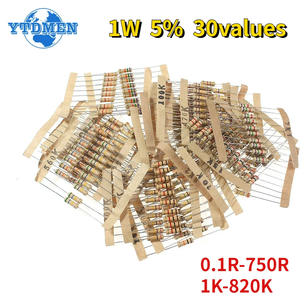 

300 шт. комплект резисторов 1 Вт 5% 30 значений X 10 шт. сопротивление углеродной пленки 0,1-750 Ом, набор резисторов 1 к ~ 820 кОм