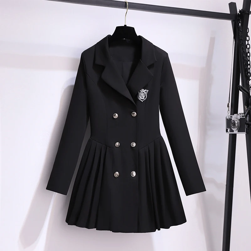 

Elegant College Blazer Short Dresses Women 2023 Spring Autumn Double Breasted Long Sleeves Pleated Korean Casual Female Clothing