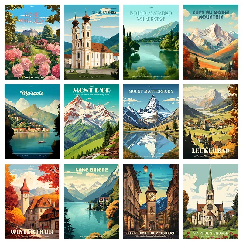 Vintage Switzerland Canvas Painting Prints Cape Au Moine Mountain Bern City Poster Picture for Living Room Home Decor Framele