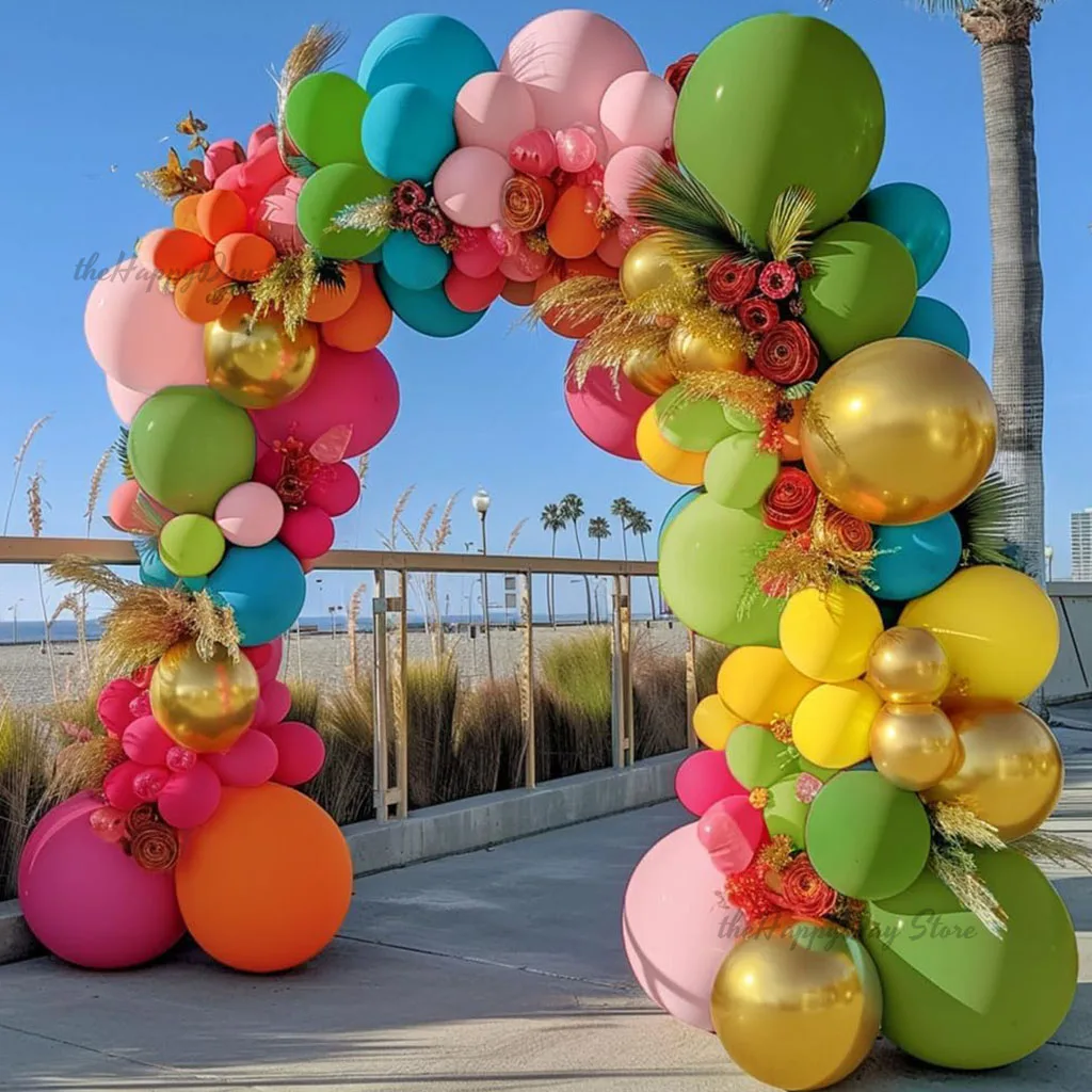 Tropical Balloons Arch Garland Kit Hot Pink Green Orange Yellow Teal Balloons for Flamingo Hawaiian Luau Aloha Summer Birthday view 3