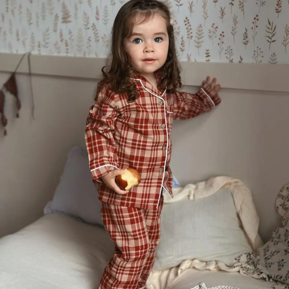 2024 Cute Baby Girl Plaid Pajama Turn Down Collar Children Boys Autumn Pyjama Two Piece Set Casual Kids New Home Clothes