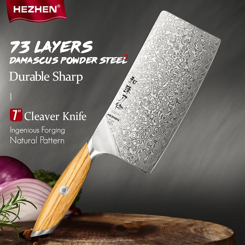 

HEZHEN Flagship Series 73 Layers Damascus Steel 7 Inch Cleaver Knife Powder Steel Core Olive Wood Handle Kitchen Cutlery