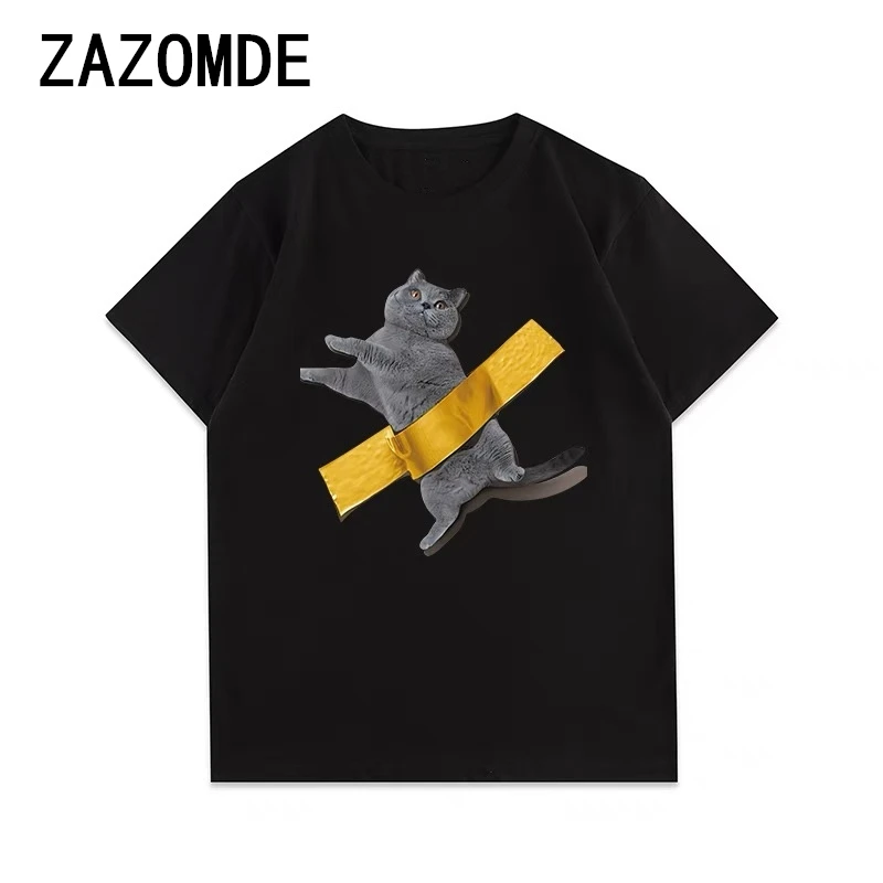 ZAZOMDE 100% Cotton 260G T-shirts Men Funny Cat Print T Shirt Streetwear Daily Casual  Tshirt Top Tees Male Oversized Hip Hop T