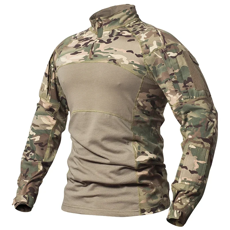 Men's Camouflage Hunting Combat T Shirt Stretch Cotton 1/4 Zipper Uniform Shirts Long Sleeve Camo Shirt