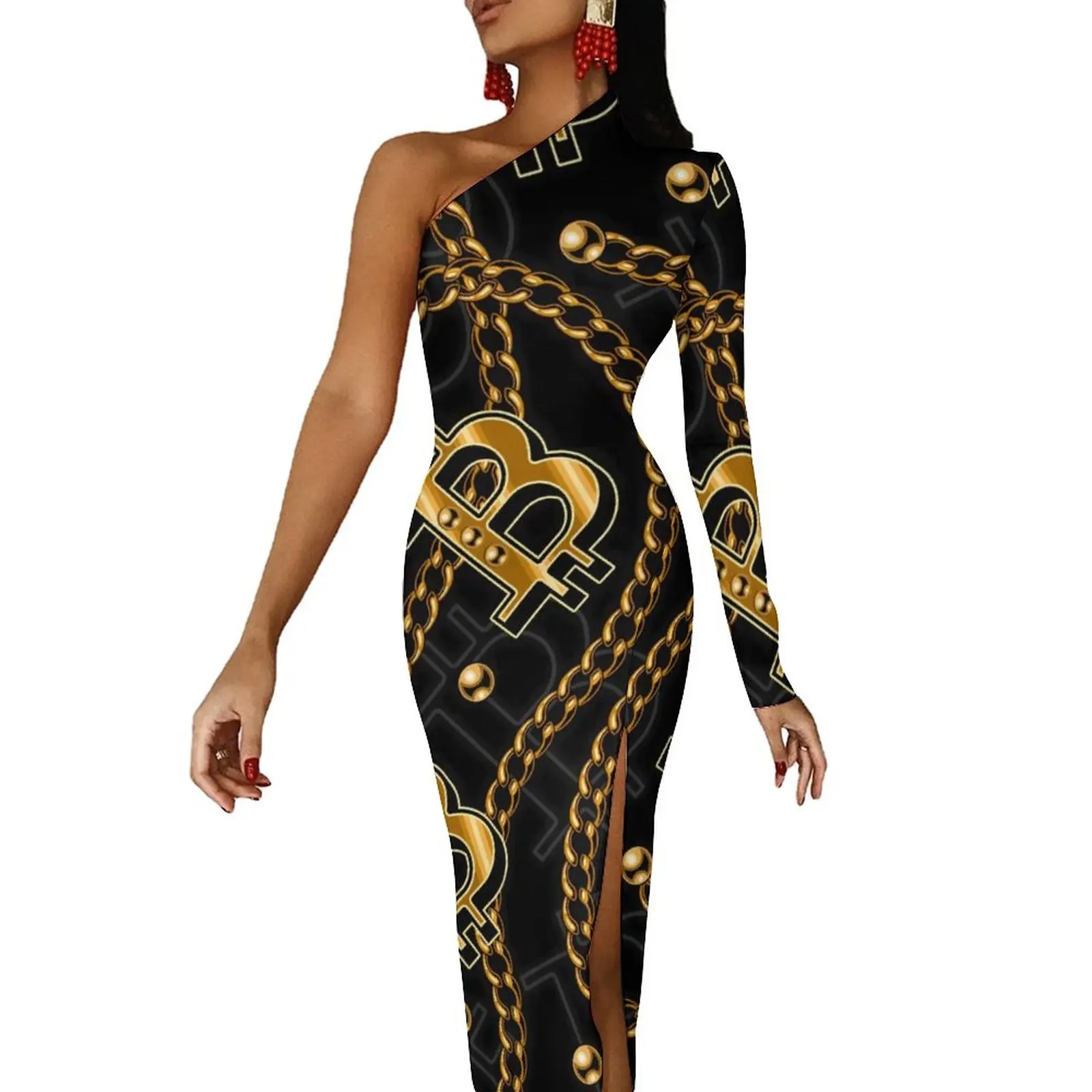 Robe Maxi à chaîne dorée, asymétrique épaule dénudée, brillante, signe Bitcoin, robes de soirée moulantes, robe de boîte de nuit de printemps pour femmes, imprimée