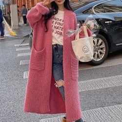 Autumn Winter New Fashion V-neck Long Sleeve Medium Long Styles Solid Sweaters Cardigan Women's Clothing Loose Knitting Chic Top