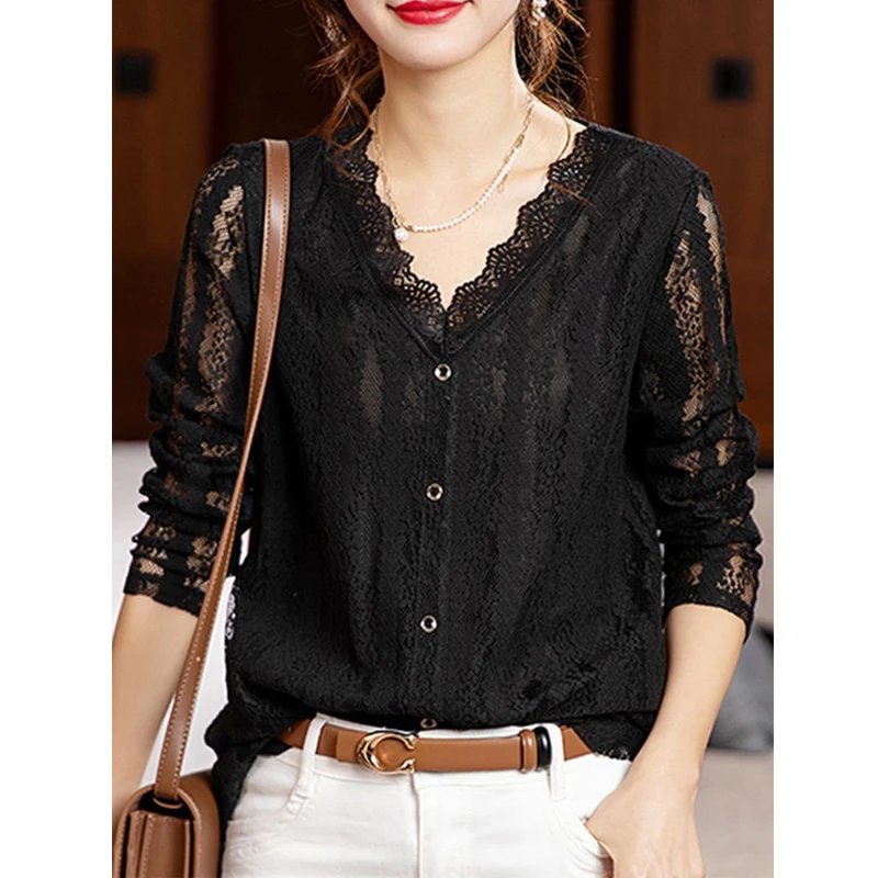 Frauen Frühling koreanische Mode sexy hohle Spitze elegante Blusen lässig V-Ausschnitt Langarm schwarze Tops schicke lose Blusas Para Mujer