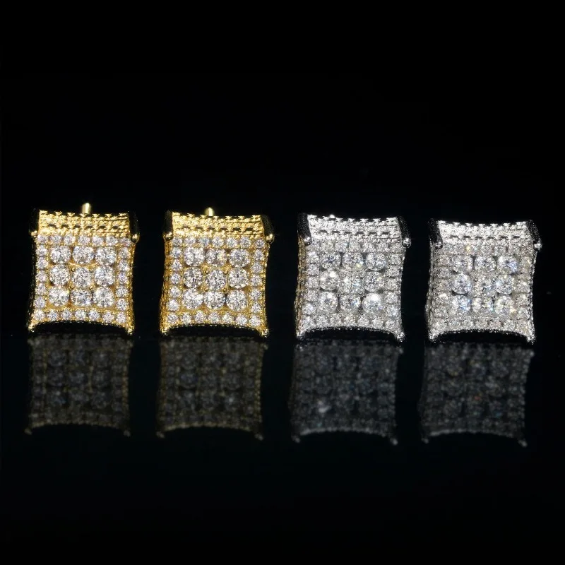 925 Silver D Color Moissanite Sqaure Stud Earrings for Men Women Hiphop Jewelry Ear Studs Screwback Pass Tester Wholesale  Gift